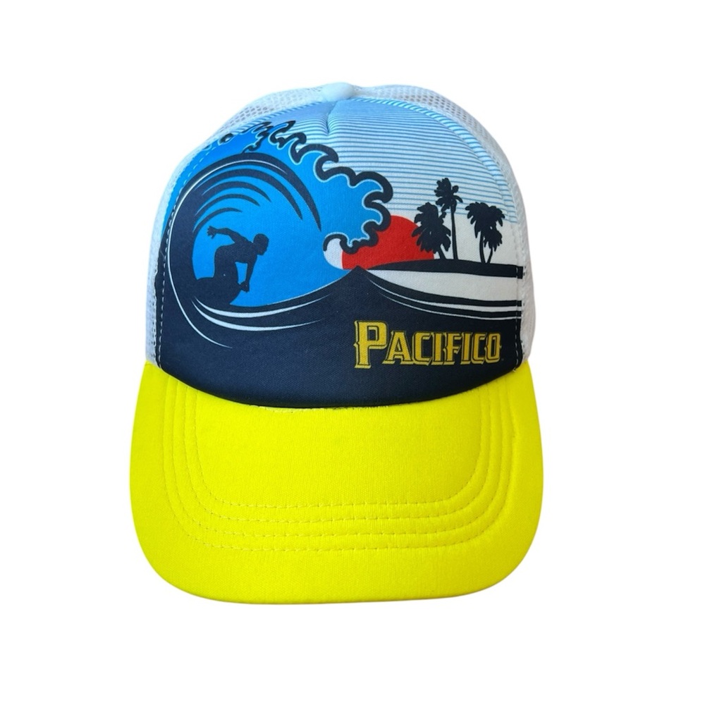 PACIFICO Beer Cerveza Surfing Snap Back Trucker Hat Mesh Yellow/Blu Souvenir